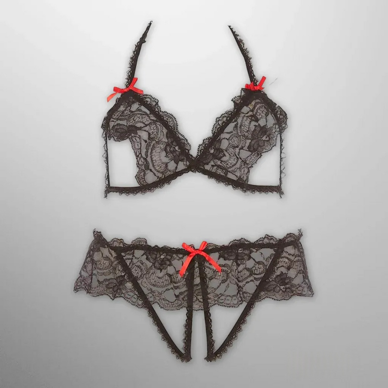 Rene Rofe Lace Peek A Boo Bra & Crotchless Panty Set